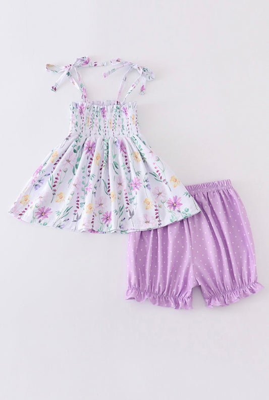 White and Purple Smocked Floral Outfit