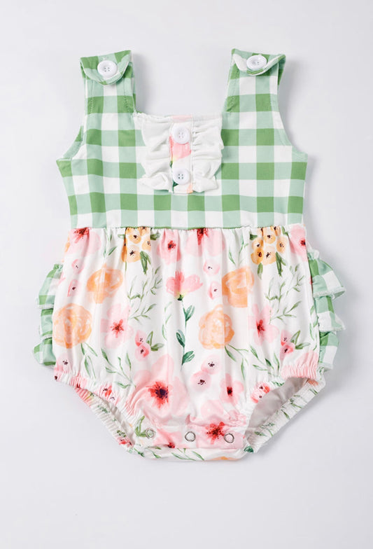 Green Plaid Pink and Peach Flower Ruffle Bubble