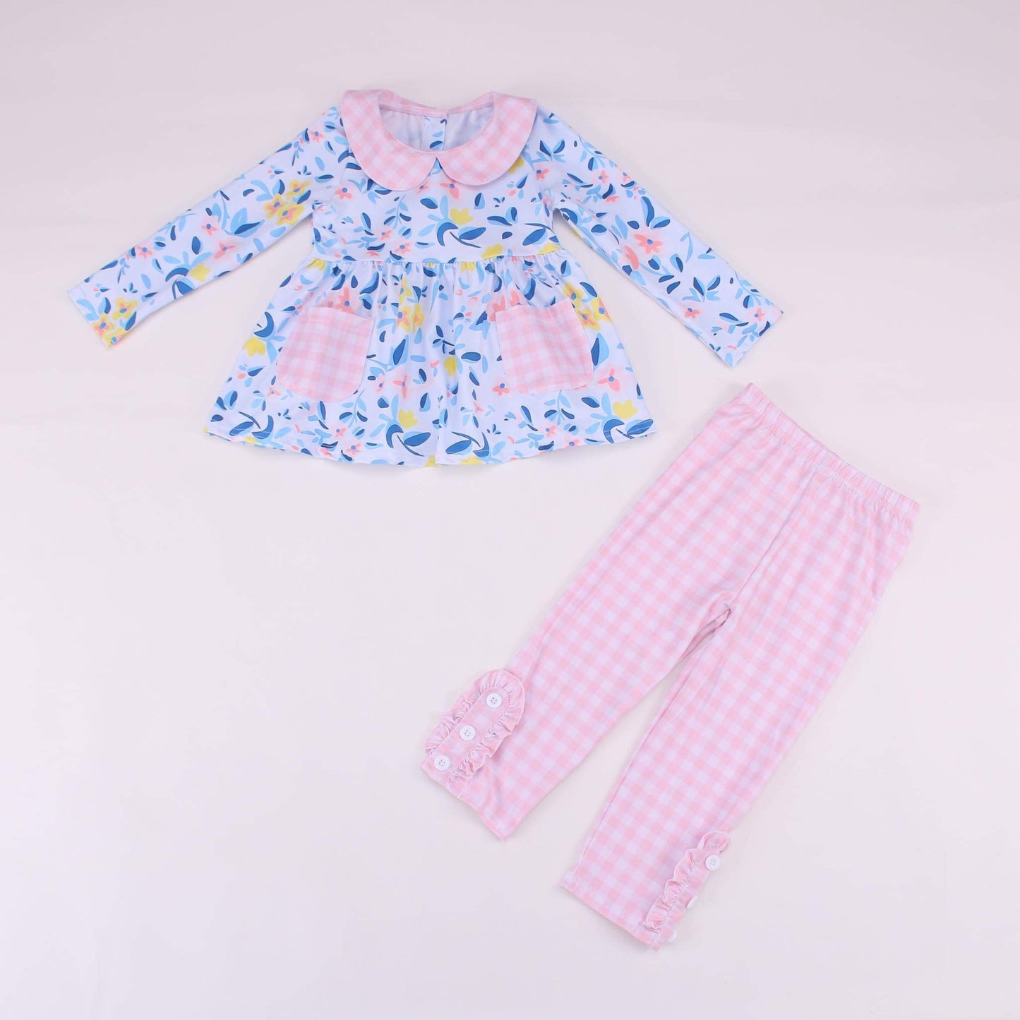 Pink and Blue Partial Button Closure Collar Outfit