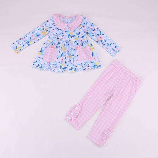 Pink and Blue Partial Button Closure Collar Outfit