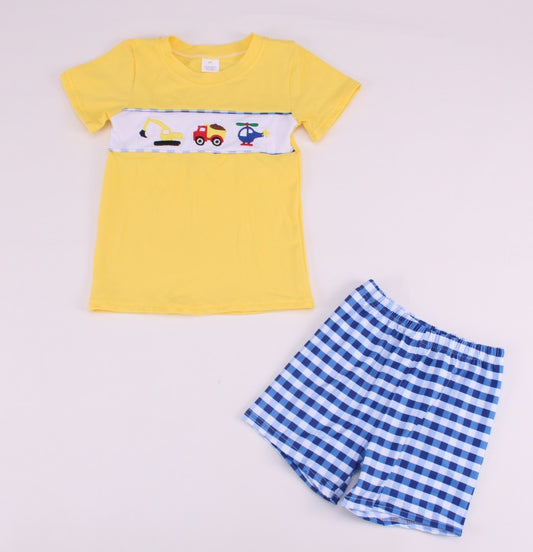 Boy’s Blue Plaid and Yellow Transportation Outfit