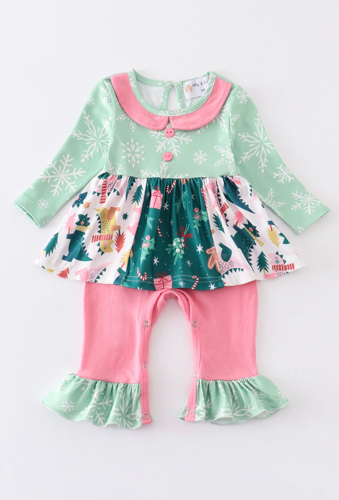 Pink and Green Dinosaur and Snowflake Romper