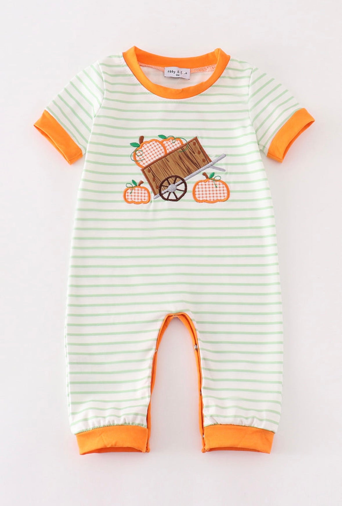 Boys Green and Orange Pumpkin Wagon Romper