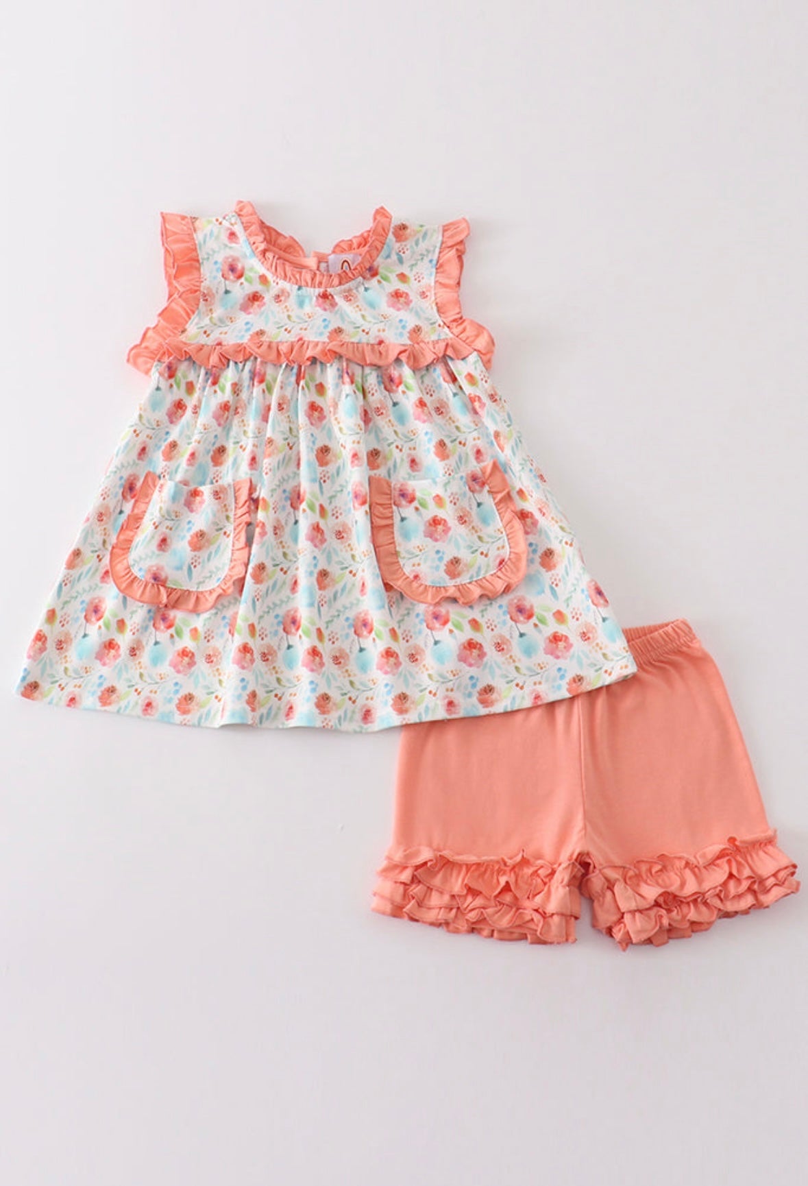 Peach Floral Bubble Back Button Closure Outfit