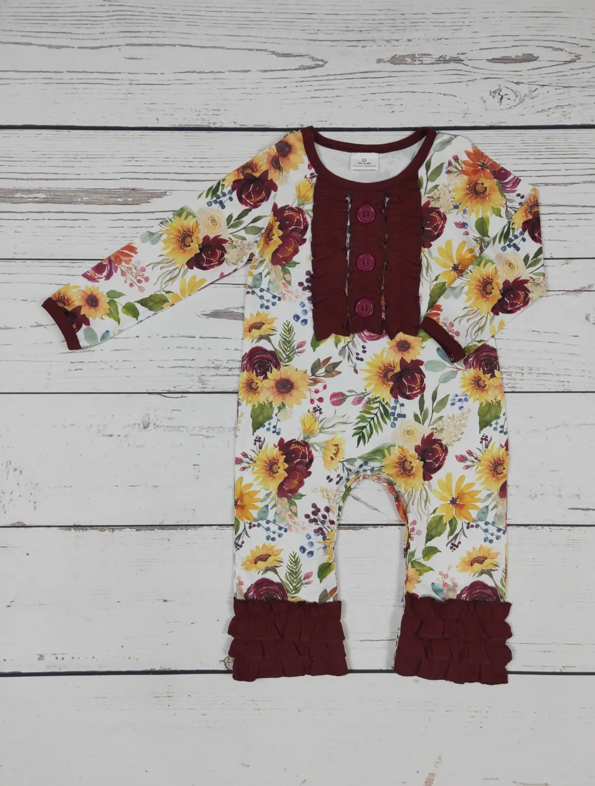 Maroon Fall Flower Ruffle Romper