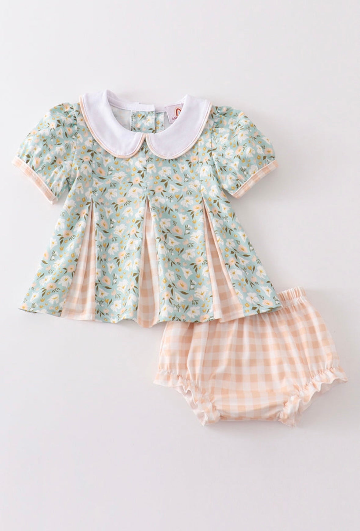 Sage and Apricot Box Pleated Bloomer Outfit