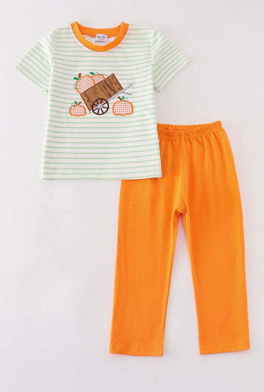 Boys Green and Orange Pumpkin Wagon Outfit