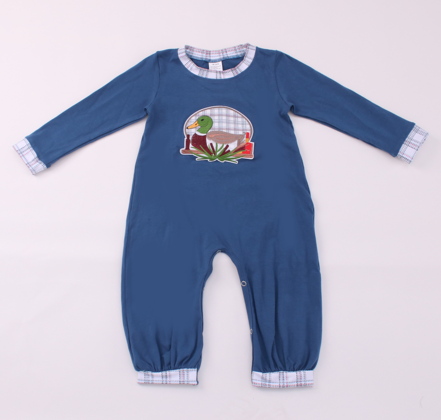 Boys Blue and Gray Plaid Duck Romper